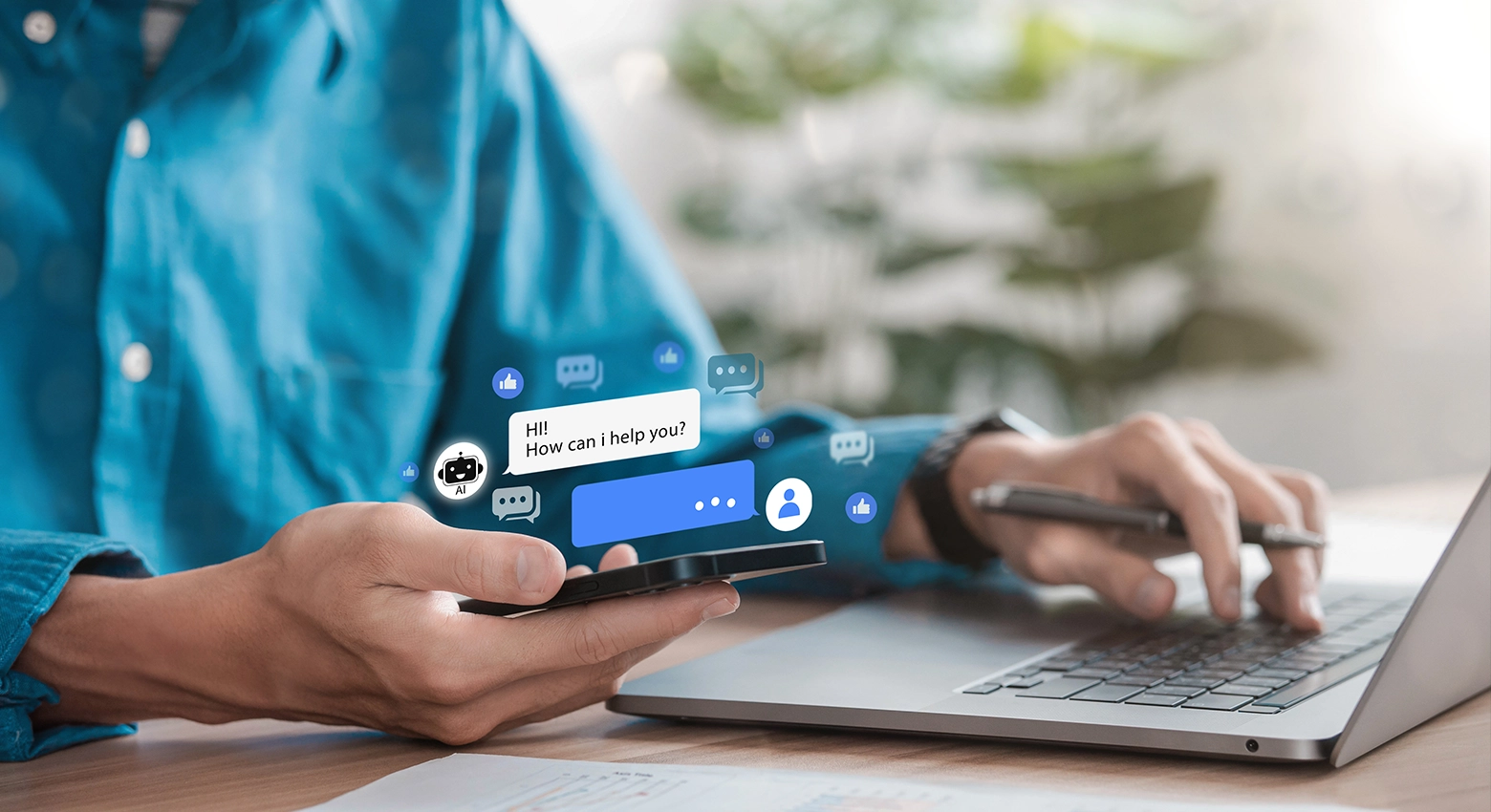 휴대전화를 들고 있는 남성과 AI 인터페이스가 겹쳐 보이는 장면