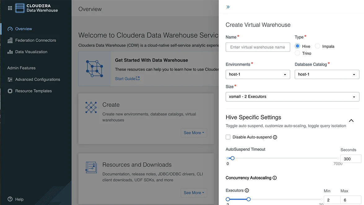 Data Warehouse 가상 웨어하우스 기능 스크린샷