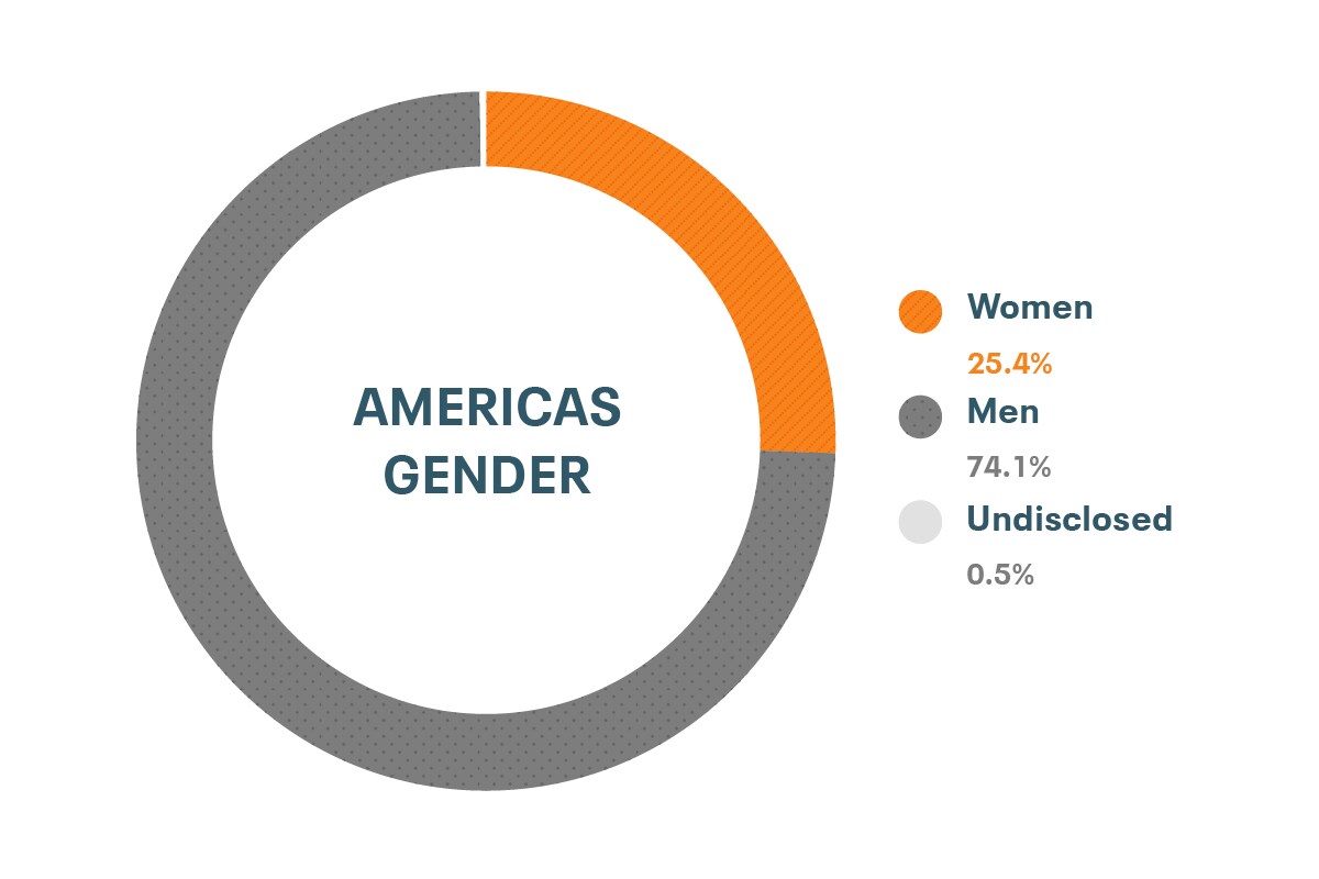 미주 지역 성별에 대한 Cloudera의 다양성 및 포용력 데이터: 여성 25%, 남성 76.4%, 비공개 0.4%